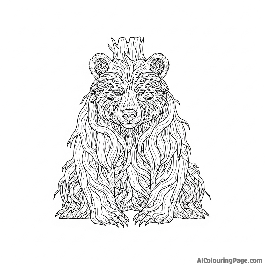 A bear formed from the gnarled roots and branches of an ancient tree.