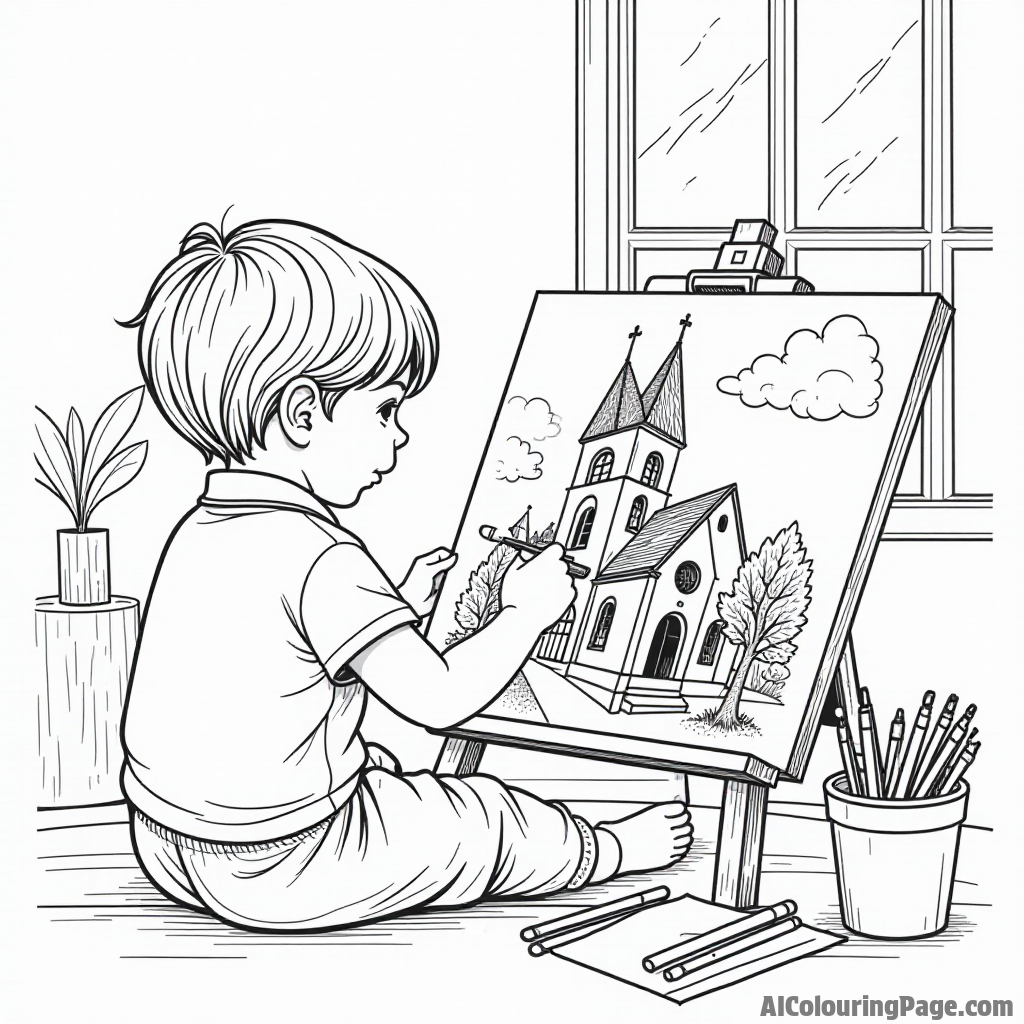 A child painting a picture of a church, with art supplies scattered around and a window showing the church view.