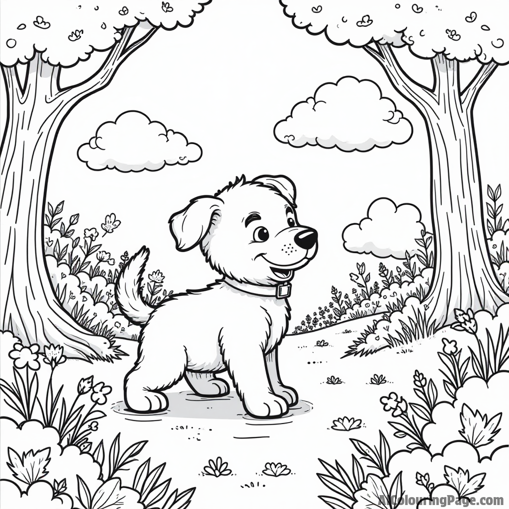 A puppy exploring a magical forest, surrounded by whimsical trees, flowers, and friendly creatures peeking from behind the bushes.