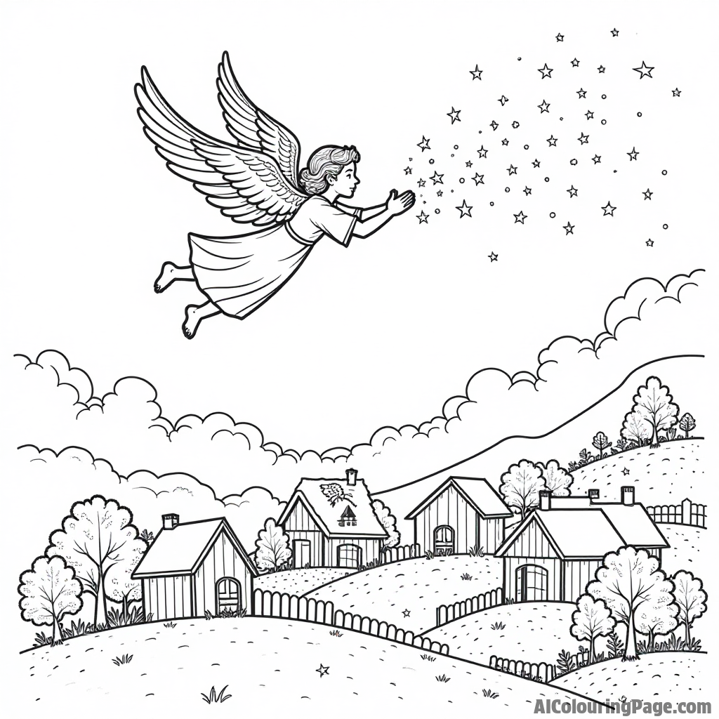 An angel flying over a village at night, spreading starlight and dreams among sleeping houses and trees.