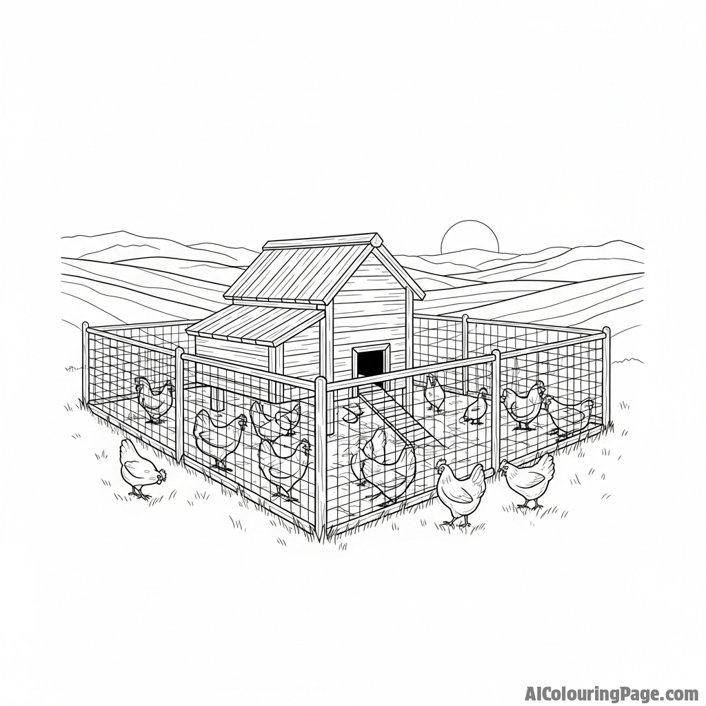 An impressionistic oil painting of a chicken coop at dusk.