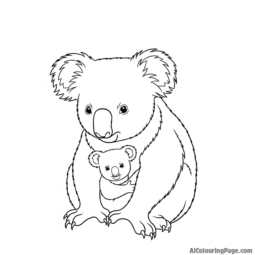 A mother koala tenderly nuzzling her tiny joey.