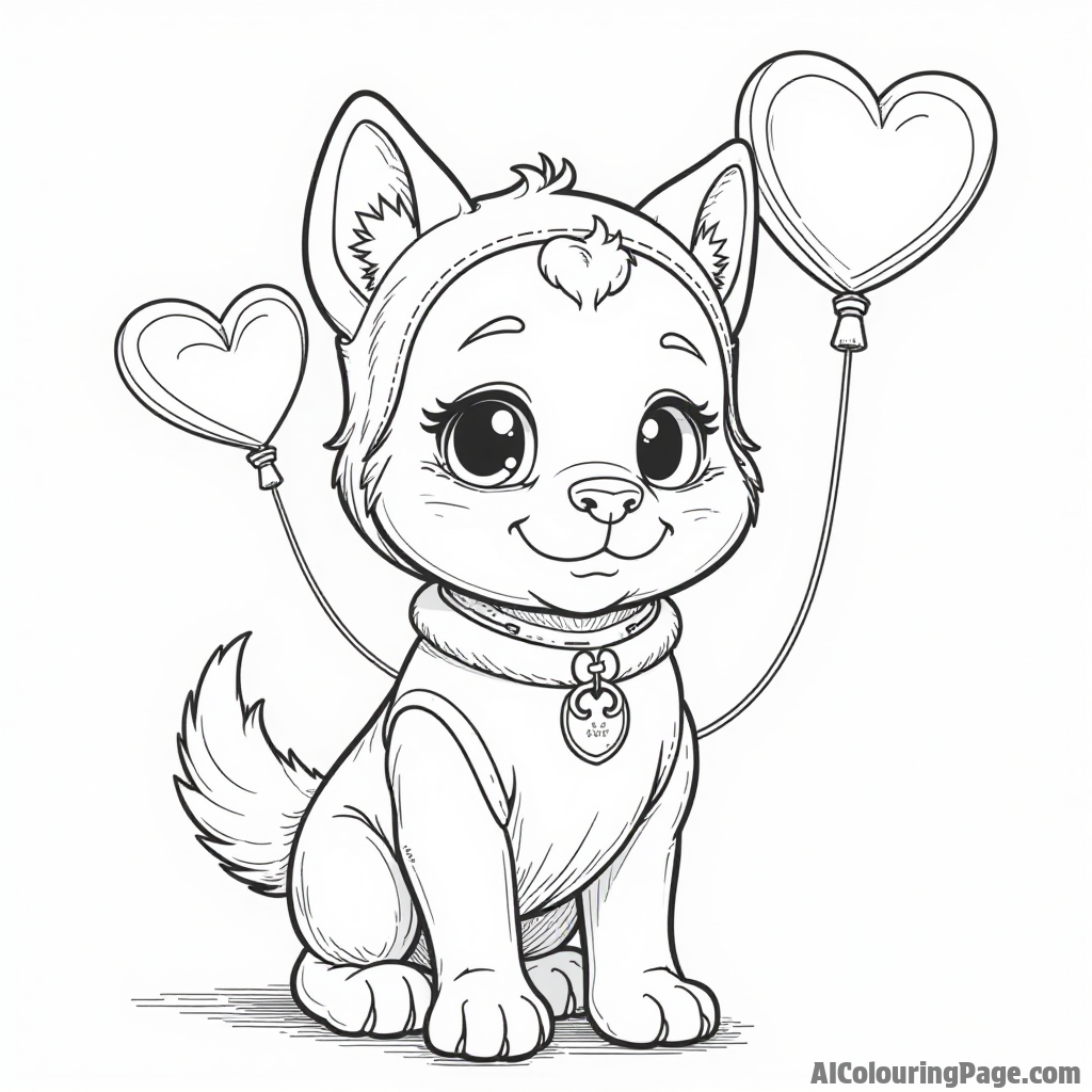 A cute Fortnite pet, like a dog or cat, wearing a costume with heart-shaped balloons floating around for kids to color