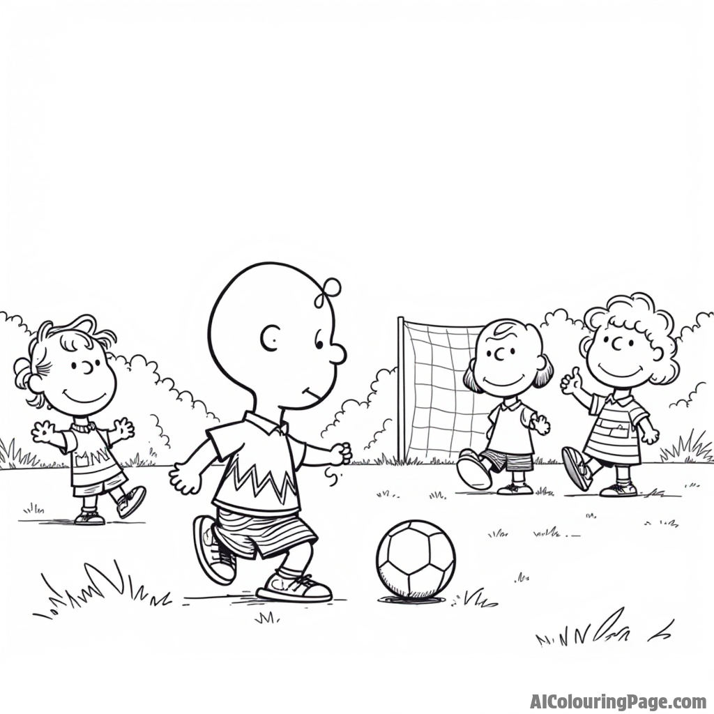 Charlie Brown playing soccer with friends on a grassy field with a goalpost and cheering spectators nearby