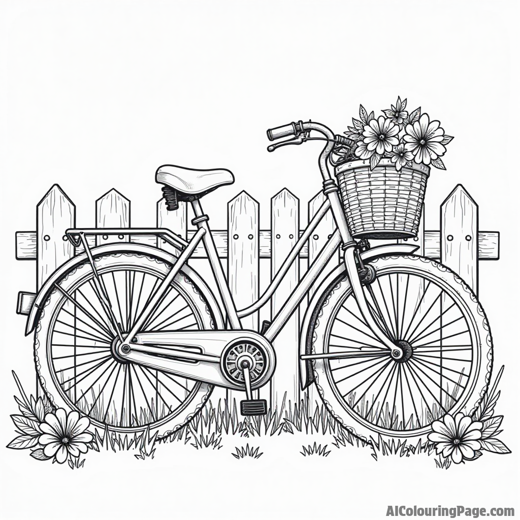 A charming old bicycle leaning against a fence, with flowers blooming around it, perfect for a nostalgic coloring experience.