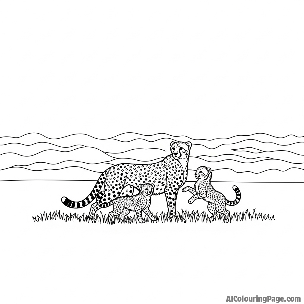 A cheetah and its cubs silhouetted against the bright, shimmering heat haze rising from the savanna.