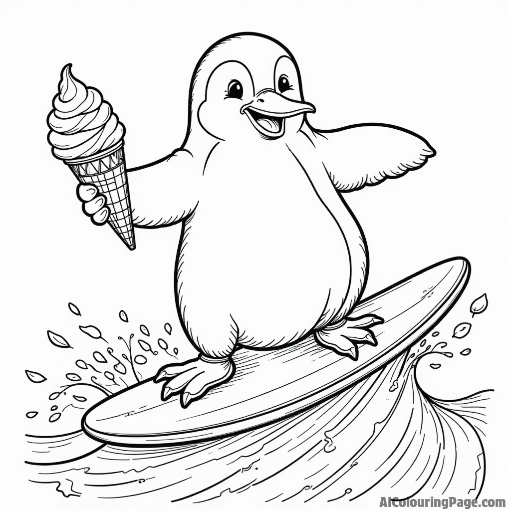 An adventurous penguin surfing on a wave of ice cream while holding a cone in its flipper