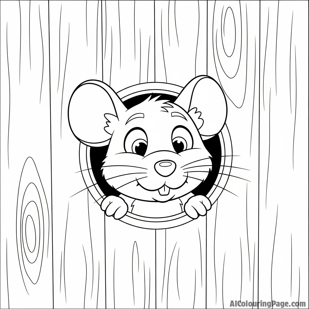 A curious mouse peering out from a hole in a wooden wall, only its head and paws visible.