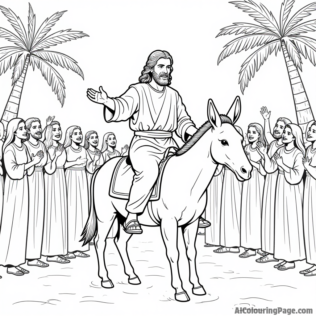 A celebration of the Palm Sunday, with Jesus riding a donkey, and people waving palm branches in a joyful crowd.