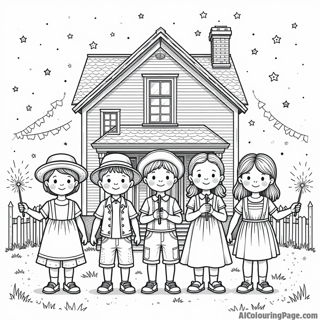 A group of children dressed in colonial outfits, holding sparklers, standing in front of a historic building with bunting and decorations for the 4th of July festivities.