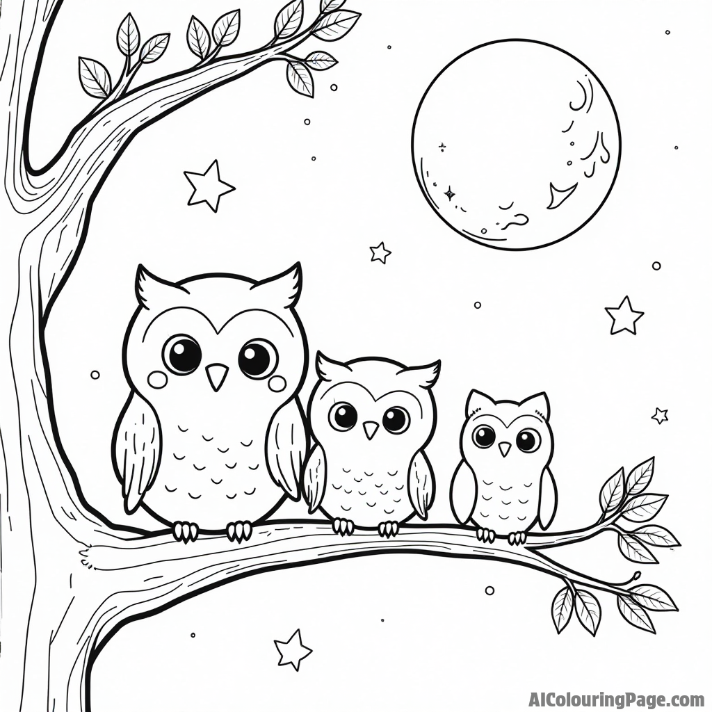 A happy family of owls perched on a tree branch, with a moon and stars shining brightly in the night sky above.