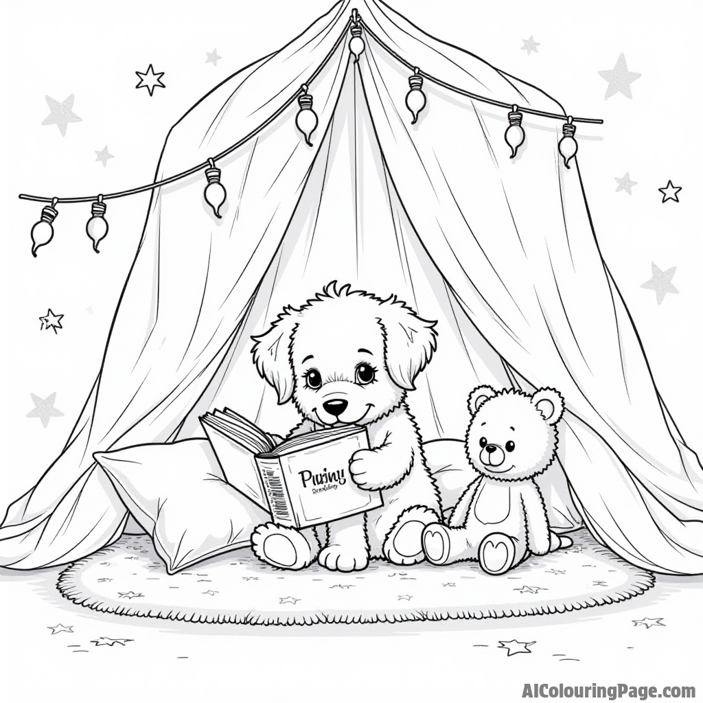 A puppy in a cozy blanket fort reading stories, surrounded by pillows, fairy lights, and a teddy bear sitting beside.