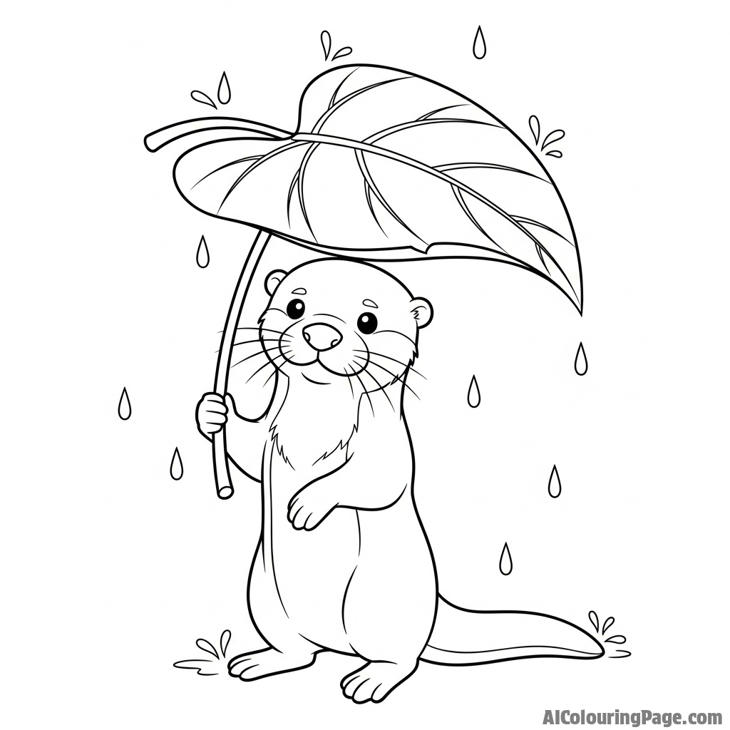 An otter using a large leaf as a temporary umbrella in the rain.