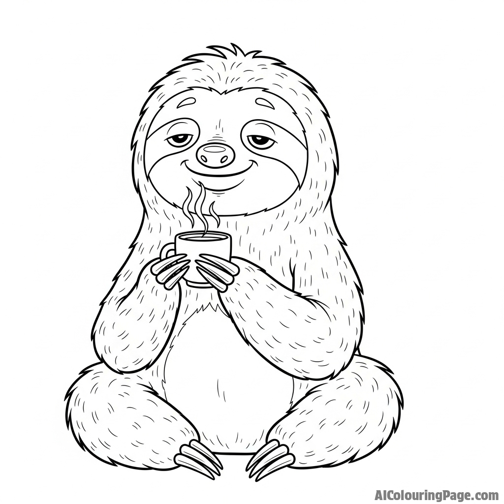 A sloth enjoying a steaming beverage from a miniature cup.
