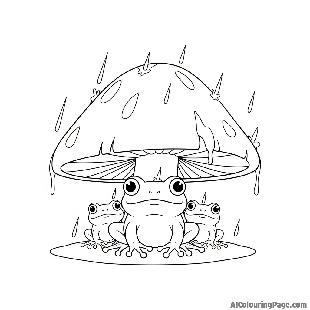 A family of frogs huddled together under a large mushroom during a downpour.