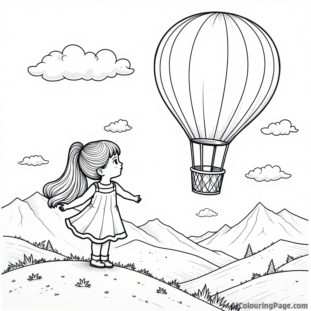 A doll taking a hot air balloon ride over a scenic landscape, with clouds and mountains stretching far into the distance.