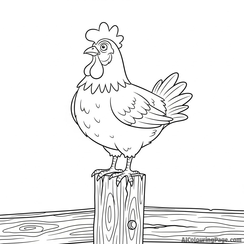 A chicken standing on a weathered wooden fence post, surveying its domain.