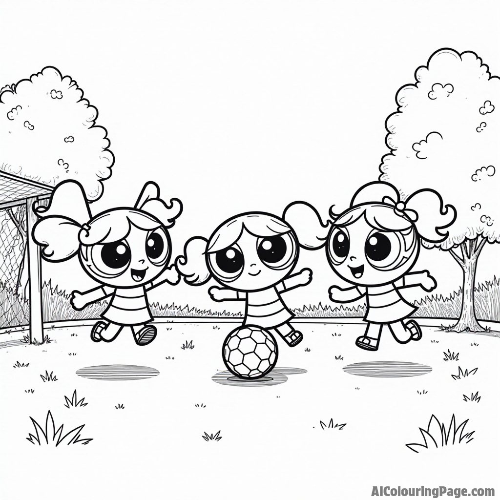 The Powerpuff Girls playing soccer in a park, with a ball, goalposts, and cheering friends, promoting friendship and fun