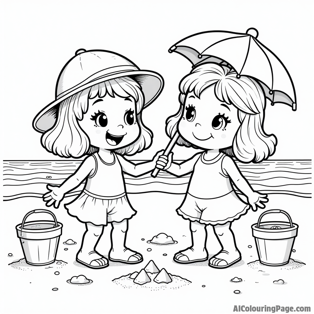 Peppermint Patty and Marcie enjoying a sunny day at the beach with umbrellas, buckets, and sandcastles around them