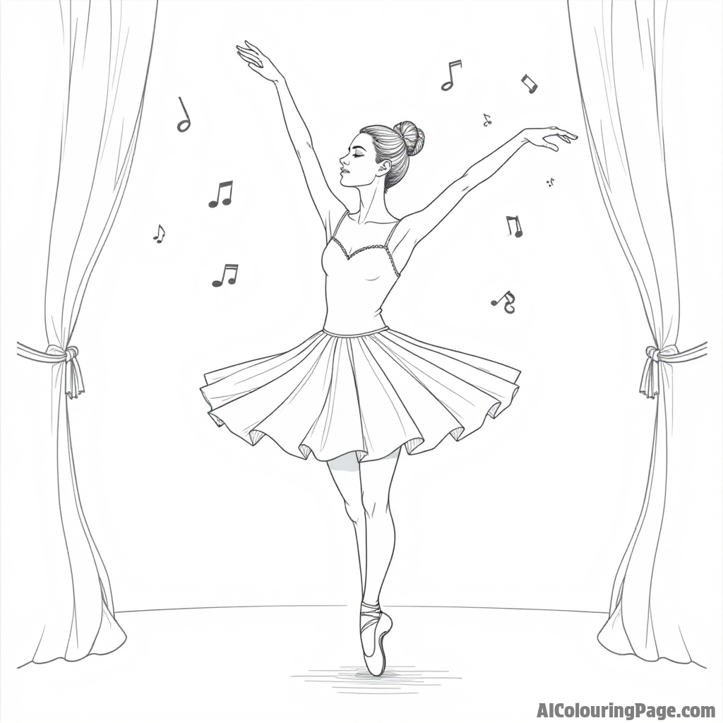 A graceful ballerina dancing on a stage, with musical notes floating around her, capturing the beauty of dance and music.