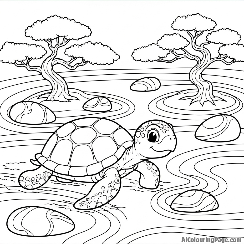 A turtle in a zen garden, leaving a trail in the raked sand.