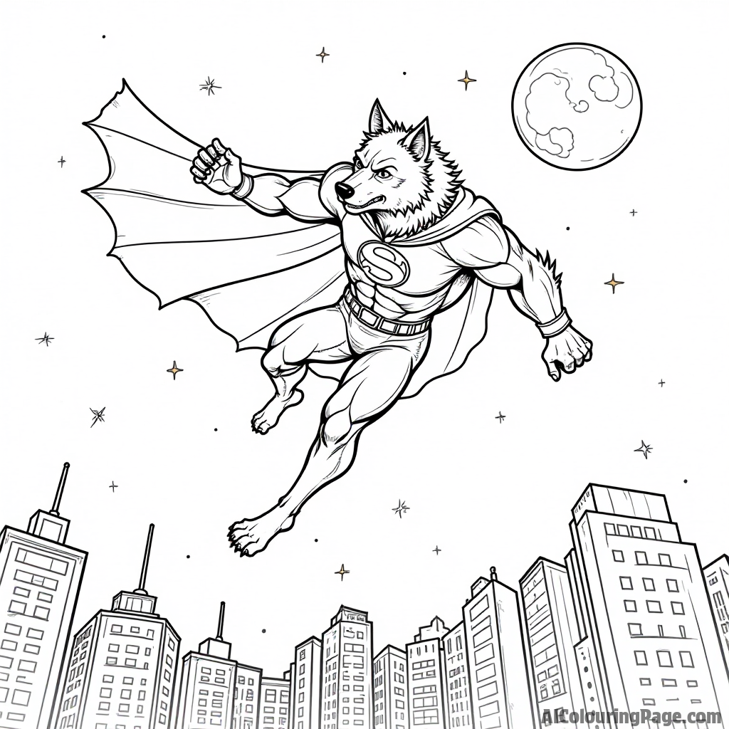 A werewolf superhero flying above a city skyline with a cape, stars, and a full moon in the background.