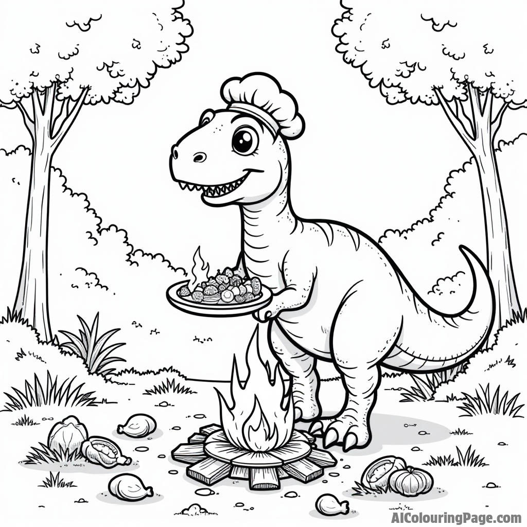 A dinosaur chef cooking a delicious meal over a campfire with ingredients gathered from the surrounding forest.