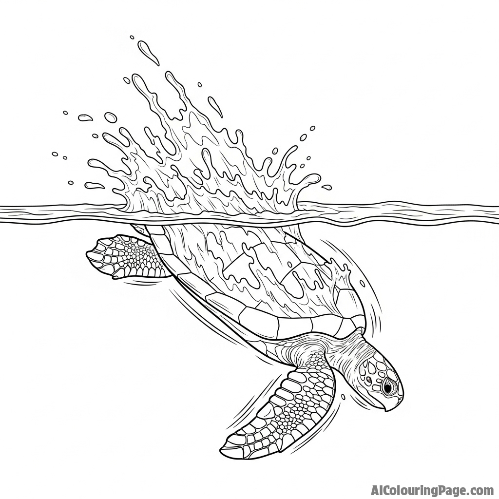 A high-speed photograph of a turtle diving into water, creating a splash.