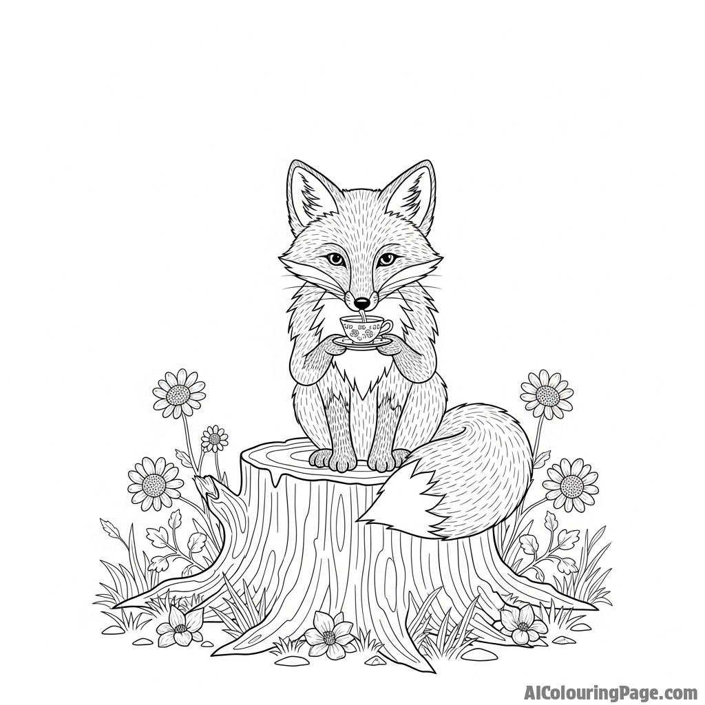 A whimsical illustration of a fox sipping from a tiny teacup on a tree stump.