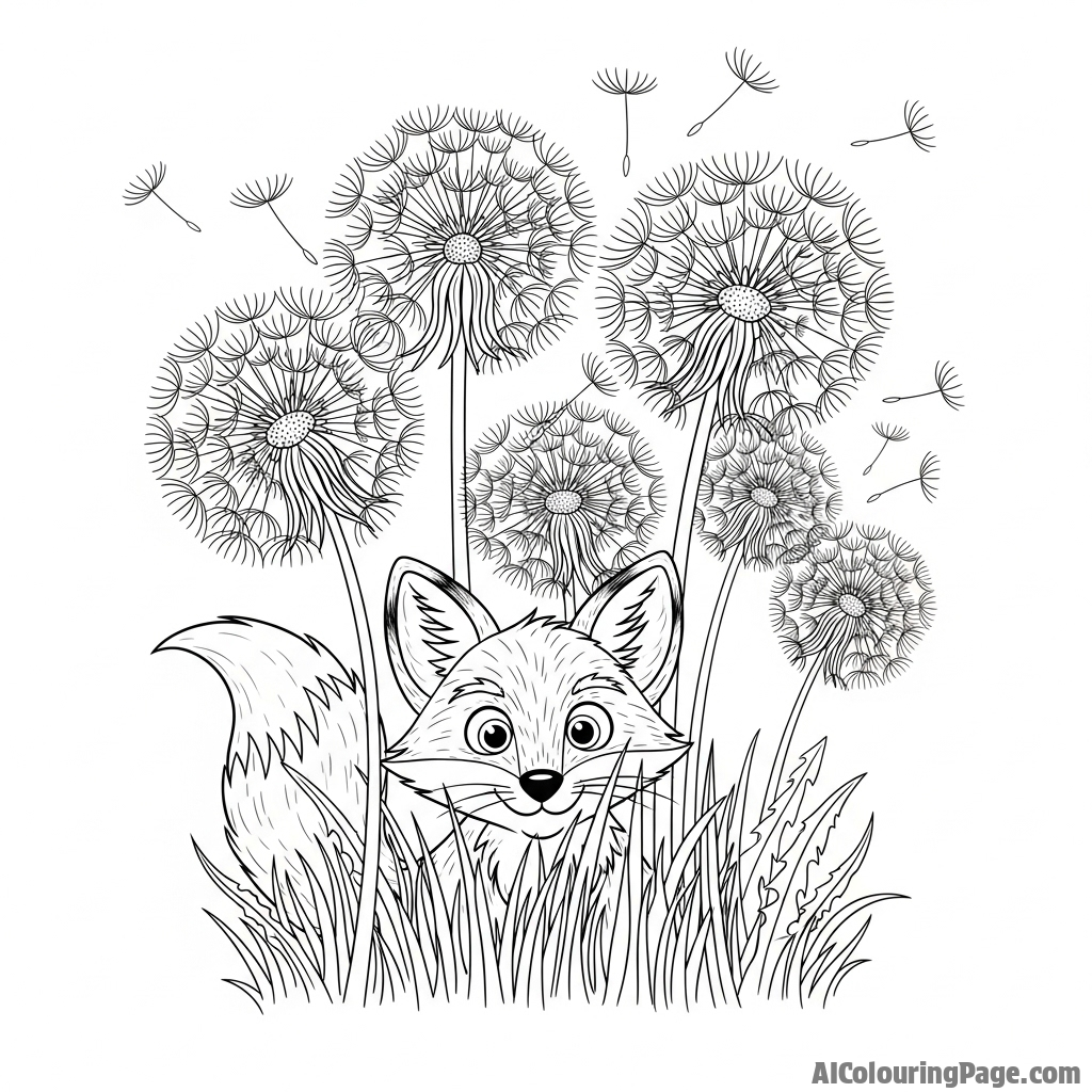 A fox hiding amidst a field of tall, feathery dandelions gone to seed.