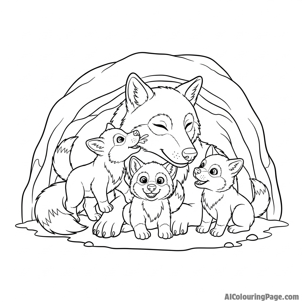 A mother wolf gently nuzzling her playful pups in a secluded, earthen den.
