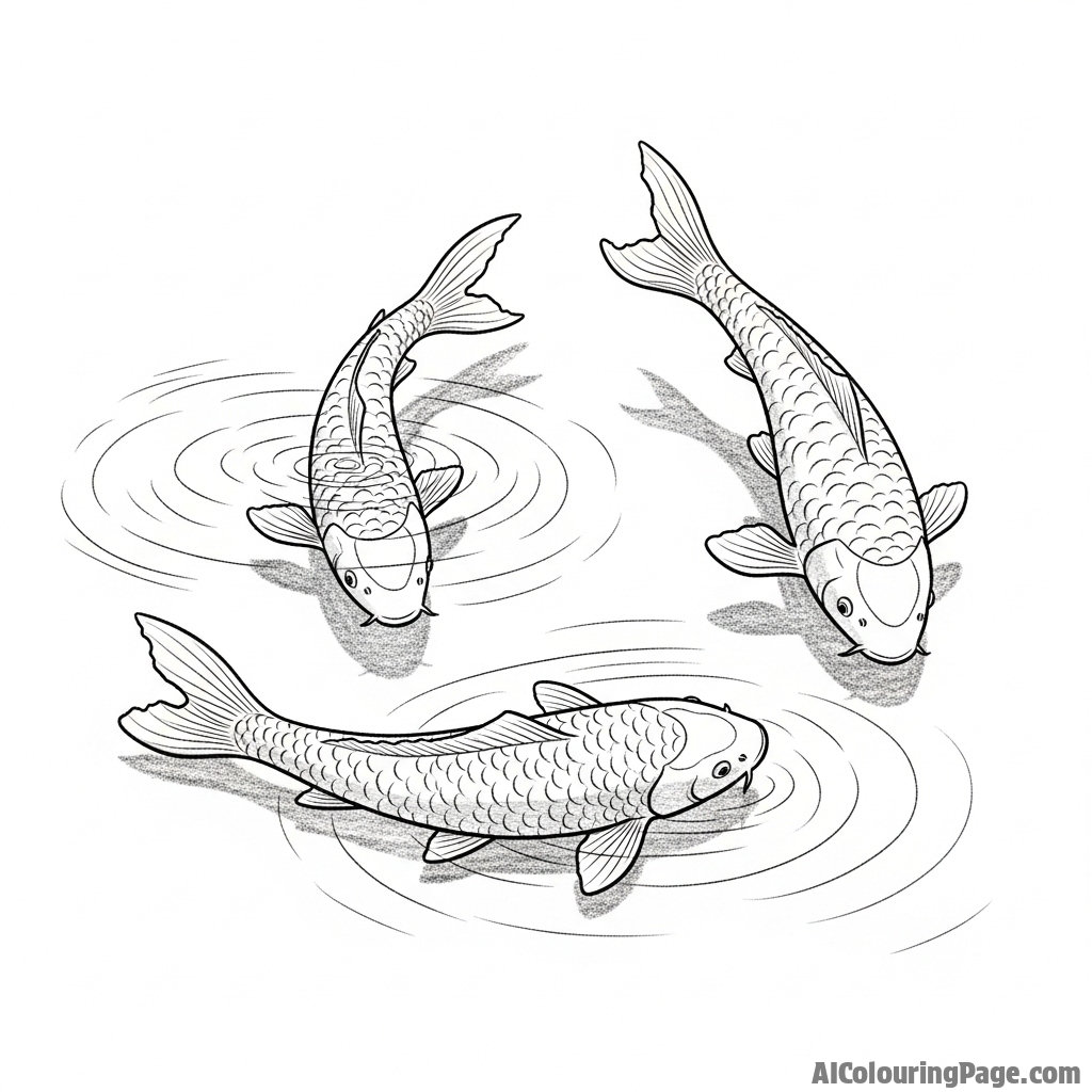 A charcoal sketch of koi, focusing on the interplay of light, shadow, and reflection on the water.