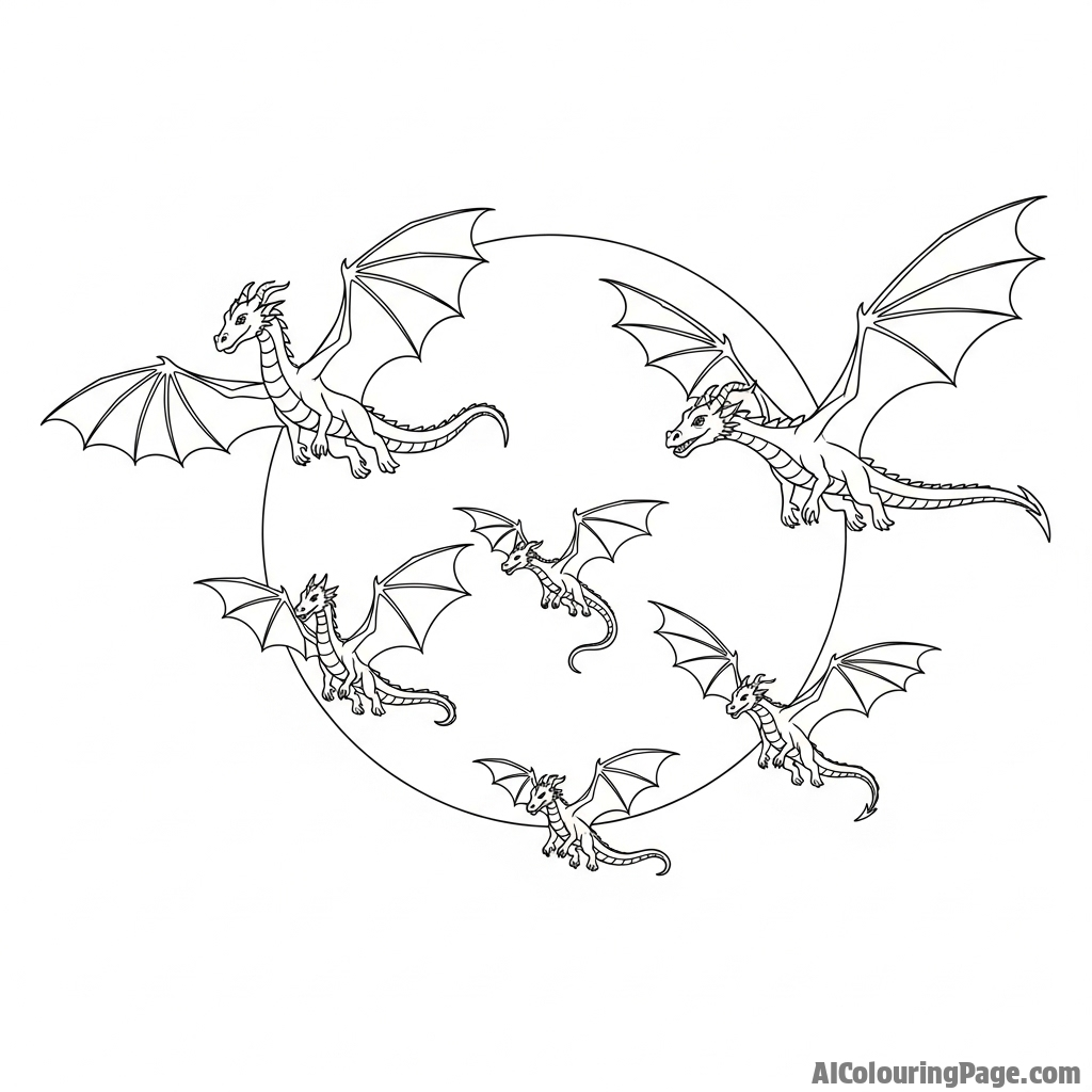 A family of dragons flying in formation against a full moon.