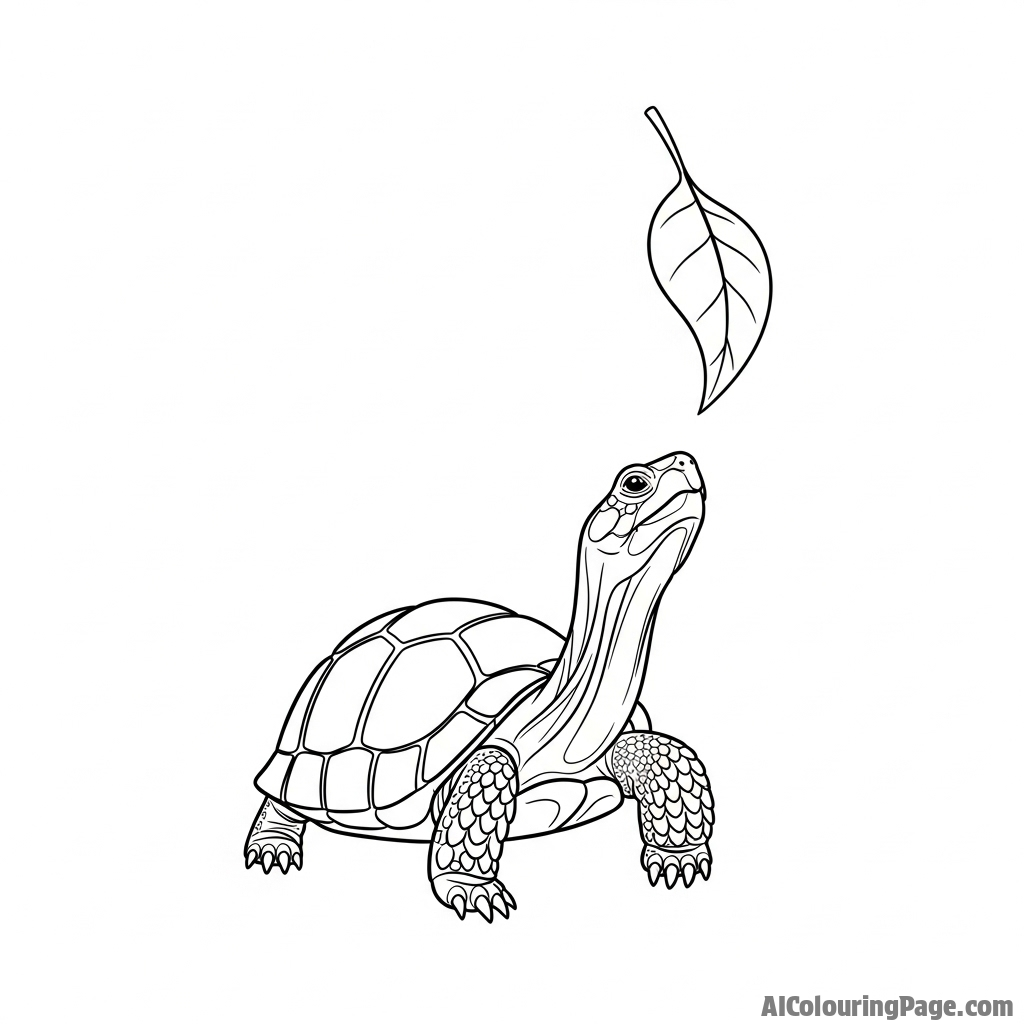 A tortoise extending its long neck to reach a dangling leaf.