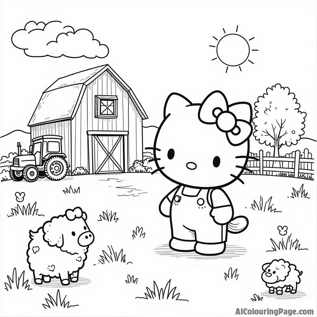 Hello Kitty visiting a farm with cute animals, a barn, and a tractor in the sunny countryside