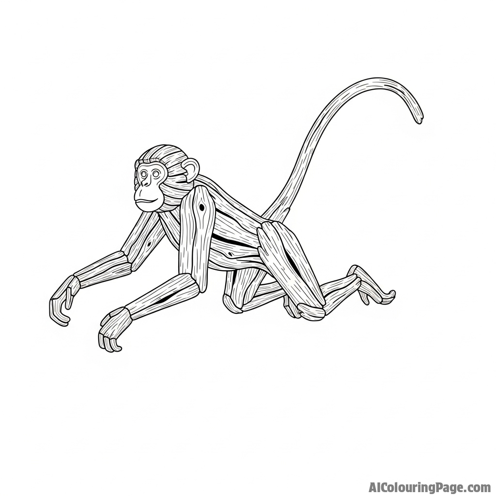 A dynamic sculpture of a monkey mid-leap, crafted from weathered driftwood.