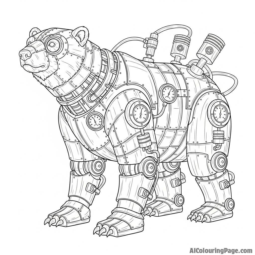 A steampunk-inspired automaton of a polar bear, with gears and pistons visible.