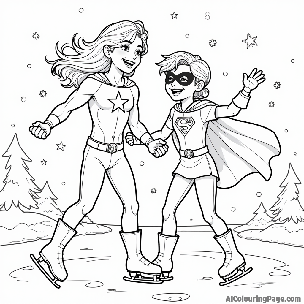 Starfire and Robin ice skating together, joyful expressions on their faces, with a snowy landscape and snowflakes gently falling.