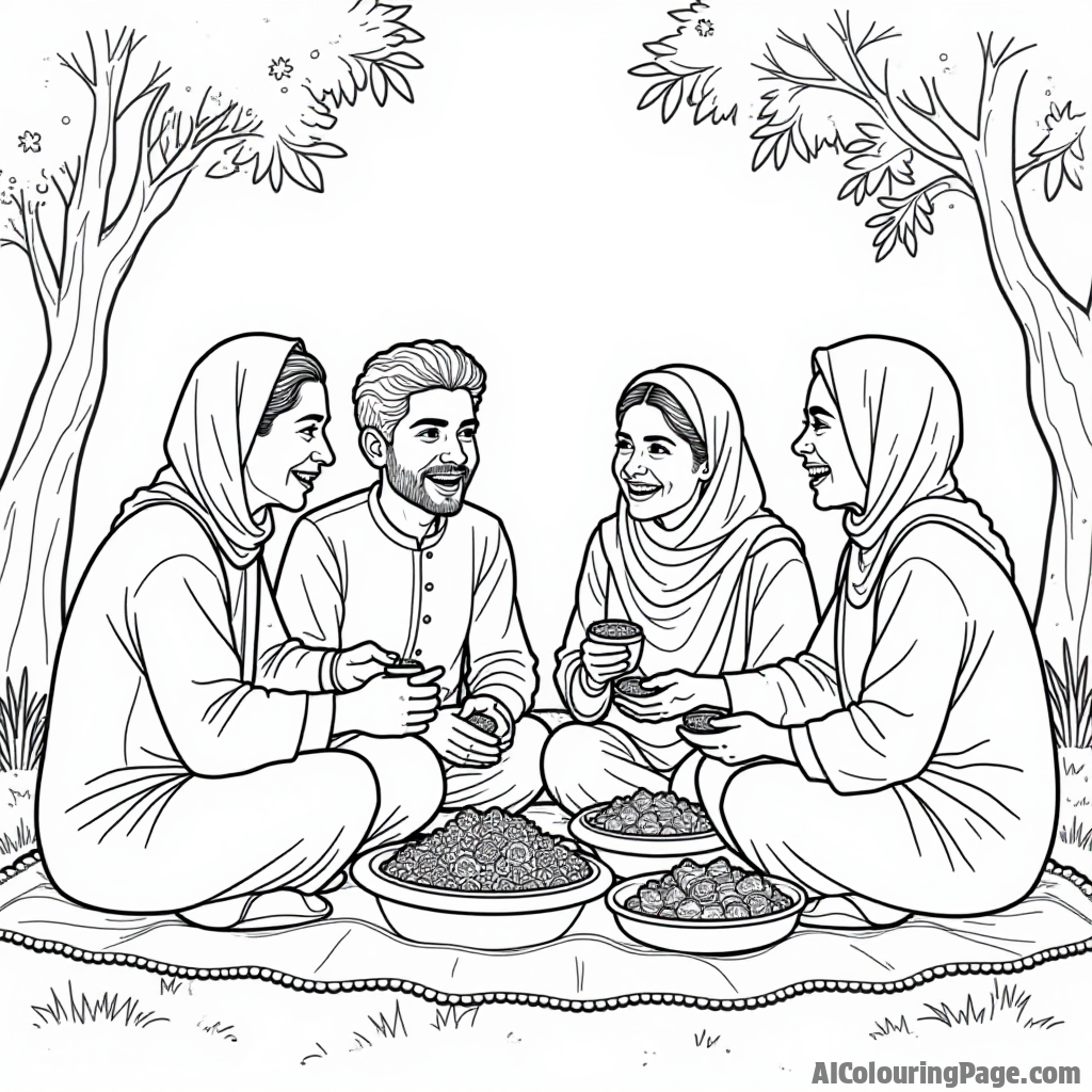 A group of friends enjoying a picnic during Ramadan, filled with laughter and traditional foods, showcasing the spirit of togetherness and celebration. Festivals and Traditions Coloring Sheets.