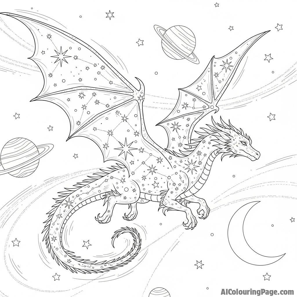 An ethereal dragon made of starlight and constellations, flying through the cosmos.