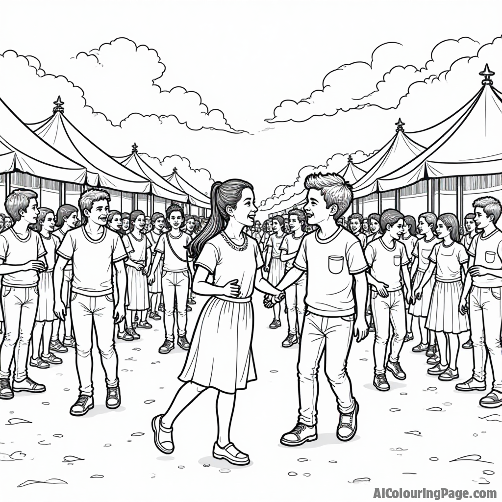 A community festival with people enjoying traditional dances, food stalls, and music, showcasing joy and togetherness, inviting children to color the lively scene in black and white.