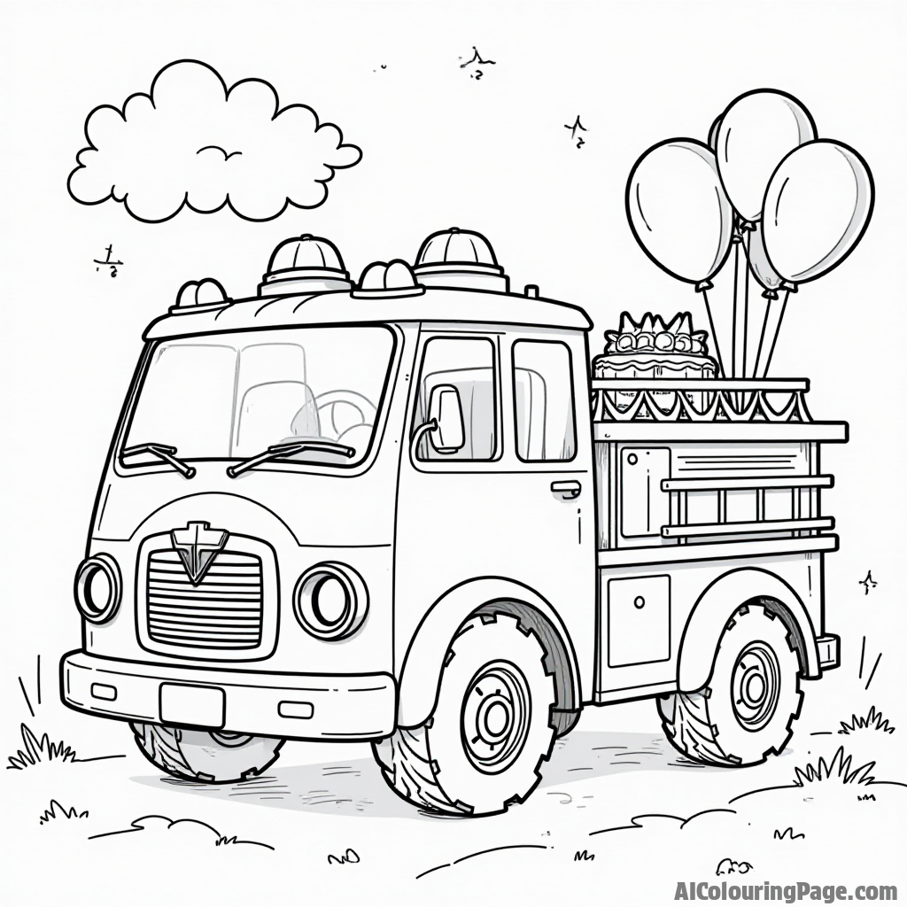 A fire truck with balloons attached, parked at a birthday party where kids are playing games, designed to spark creativity and fun in coloring.