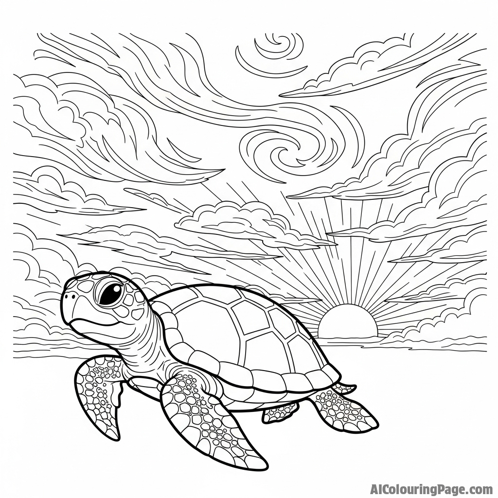 A turtle's silhouette against a dramatic, stormy sky at sunset.