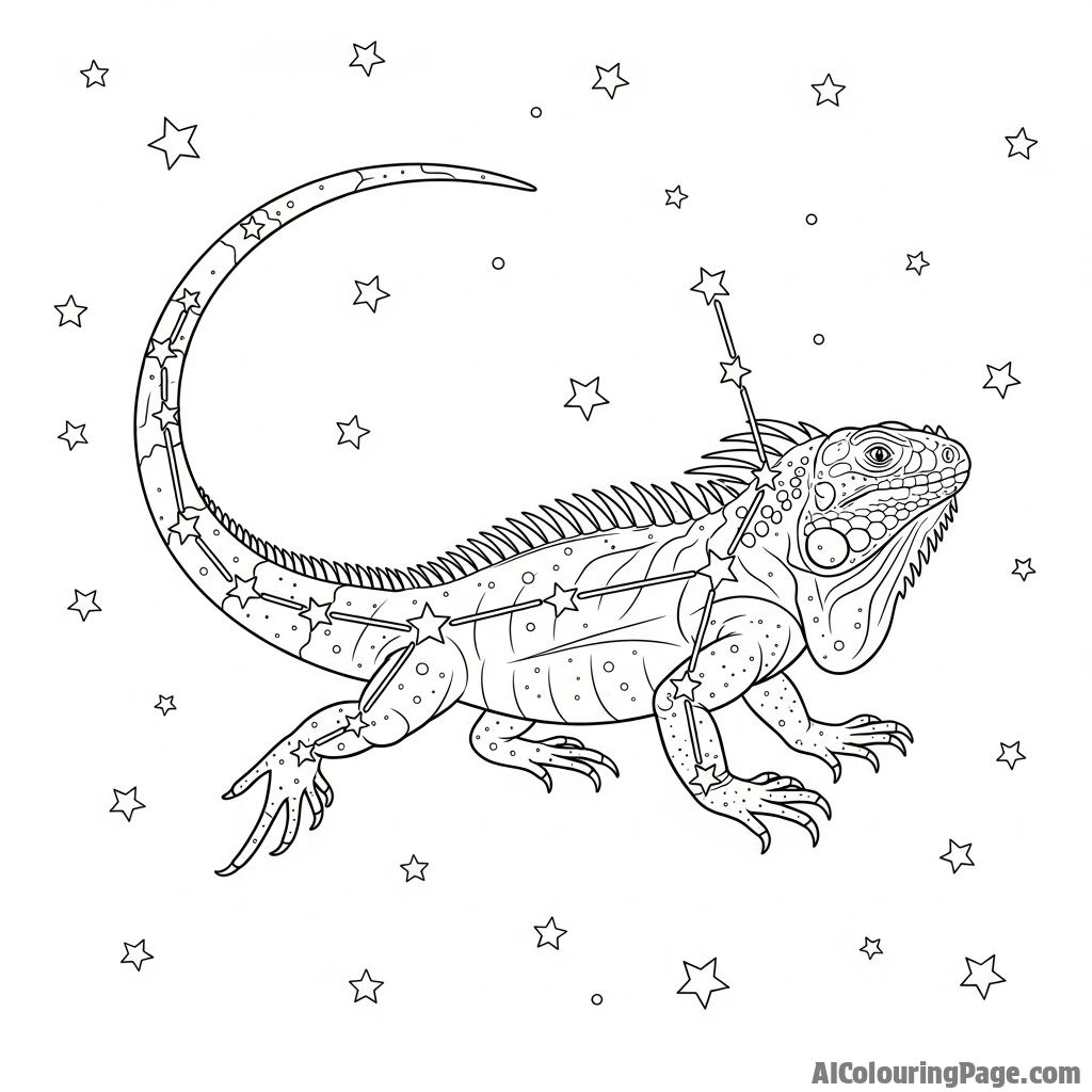 An iguana as a constellation in a starry night sky.