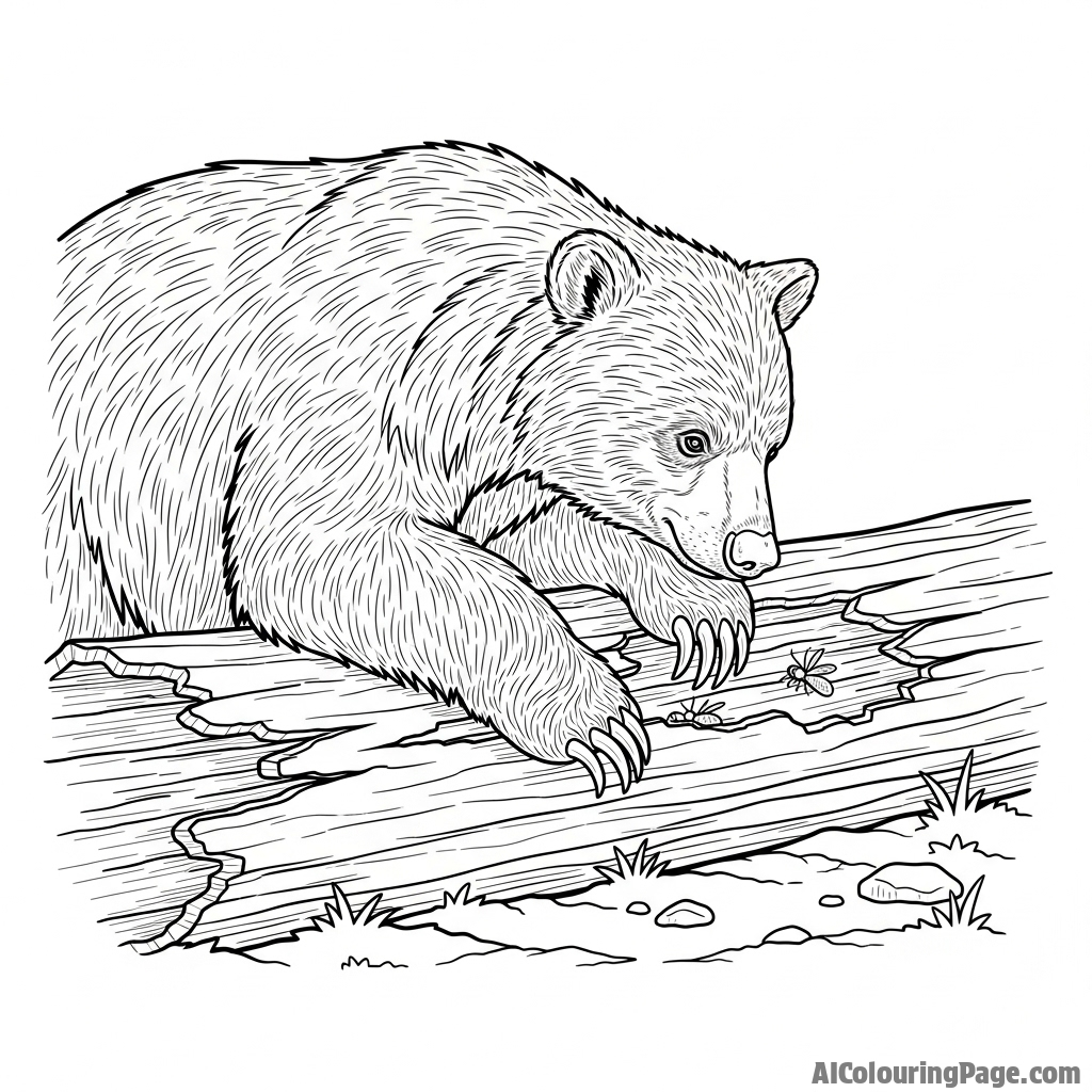 A sloth bear with its shaggy coat, searching for insects in a decaying log.