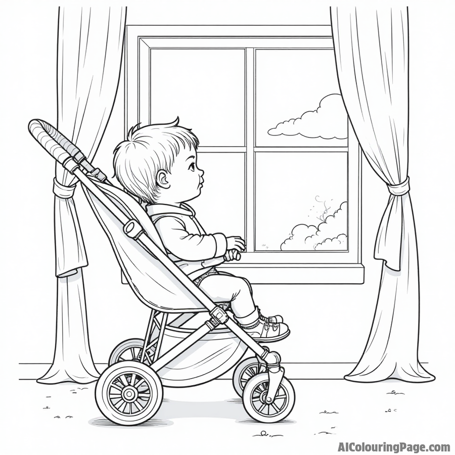 Baby in a stroller looking out the window