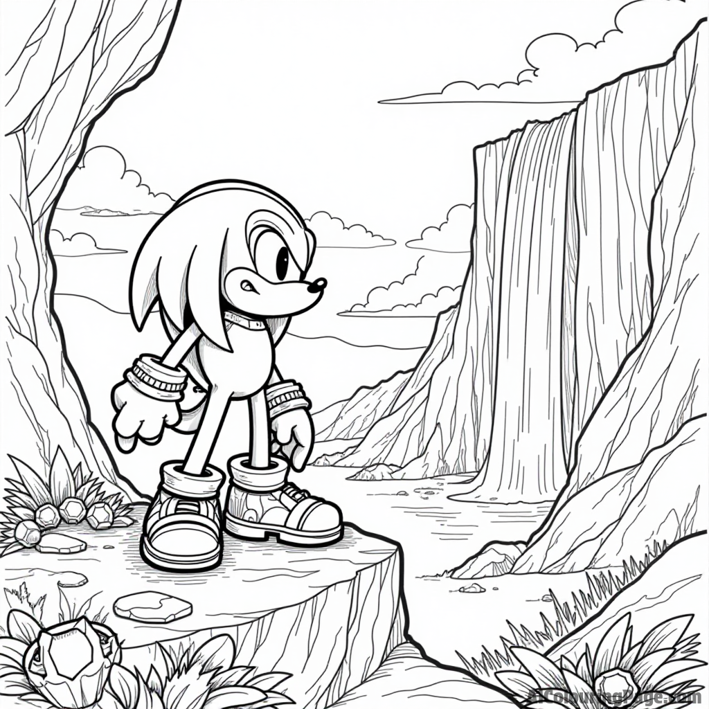 Knuckles guarding a treasure chest on a rocky mountain, surrounded by sparkling gems and a majestic waterfall cascading down.