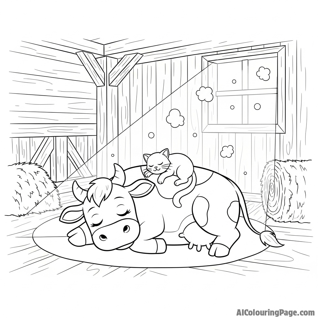 A cow and a cat sleeping together in a sunbeam inside a dusty barn.