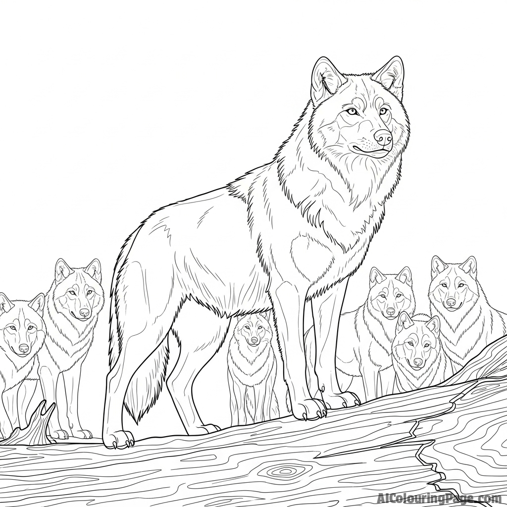 An alpha wolf standing majestically on a fallen log, asserting its dominance over the pack in the background.