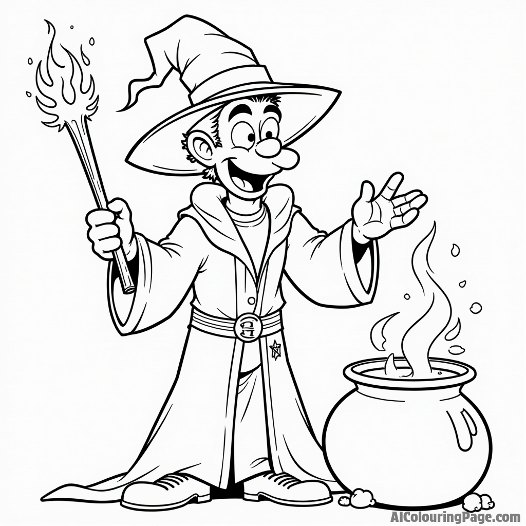 Johnny Bravo dressed as a wizard casting spells with a magic wand and cauldron